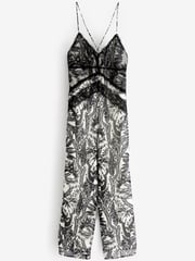 Black / White Tropical Print Lace Sleveless Cami Jumpsuit - Image 6 of 6