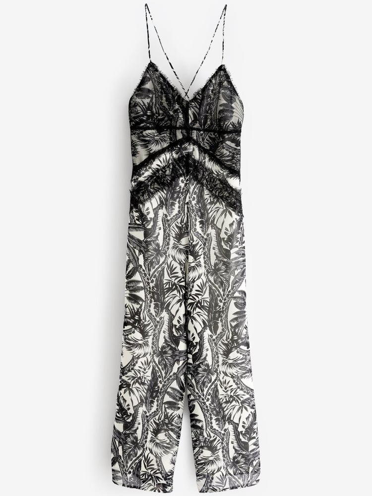 Black / White Tropical Print Lace Sleveless Cami Jumpsuit - Image 6 of 6