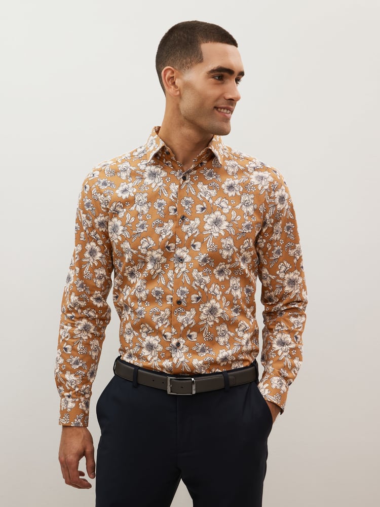 Brown Floral Regular Fit Printed Trimmed Shirt - Image 1 of 7