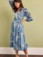 Morris & Co Blue Print Morris & Co.Tulip Blue Print Wrap Midi Dress - Image 1 of 5