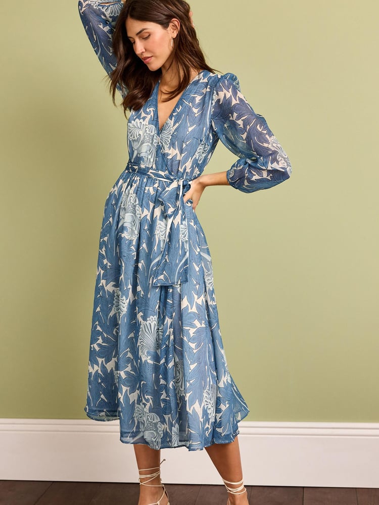 Morris & Co Blue Print Morris & Co.Tulip Blue Print Wrap Midi Dress - Image 1 of 5