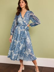 Morris & Co Blue Print Morris & Co.Tulip Blue Print Wrap Midi Dress - Image 2 of 5