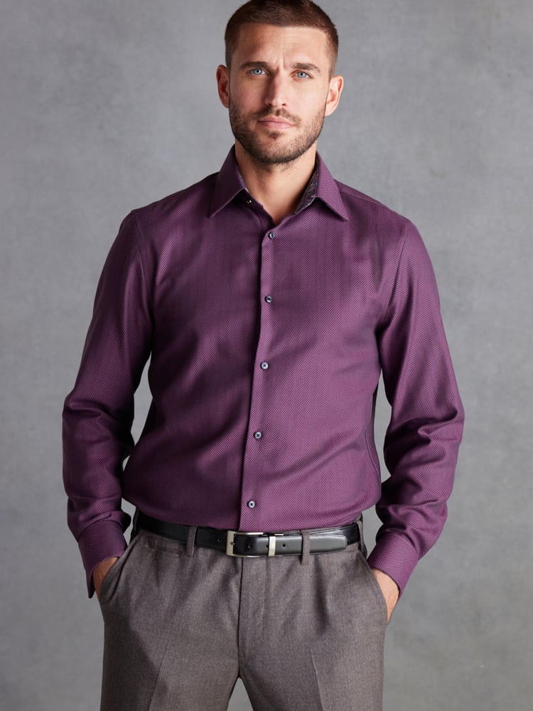 Purple Herringbone Regular Fit Single Cuff Signature Textured Trimmed Formal Shirt - Image 1 of 8