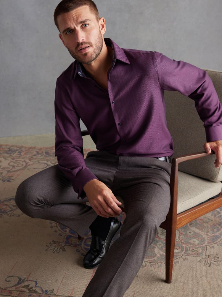 Purple Herringbone Regular Fit Single Cuff Signature Textured Trimmed Formal Shirt - Image 2 of 8