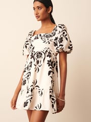 Black/White Floral Print Puff Sleeve  Mini Smock Dress - Image 1 of 6