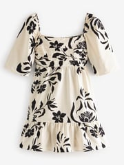 Black/White Floral Print Puff Sleeve  Mini Smock Dress - Image 5 of 6