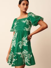 Green/White Floral Print Puff Sleeve  Mini Smock Dress - Image 1 of 6