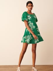Green/White Floral Print Puff Sleeve  Mini Smock Dress - Image 2 of 6