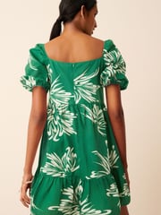 Green/White Floral Print Puff Sleeve  Mini Smock Dress - Image 3 of 6