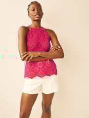 Bright Pink Cotton Crochet Flower Halter-Neck Vest - Image 1 of 6