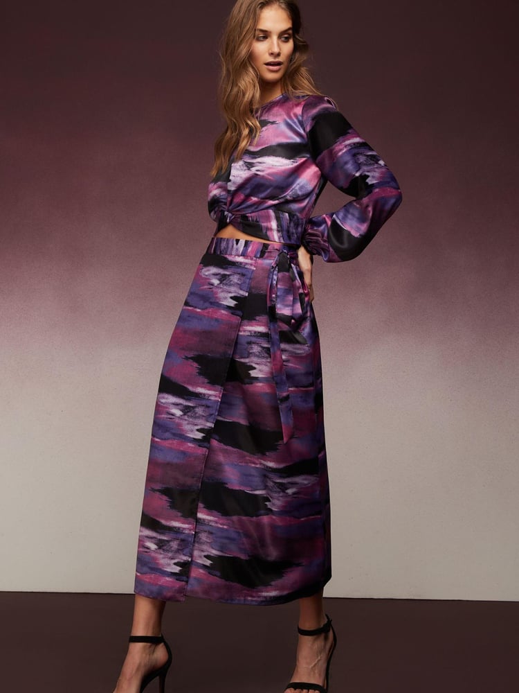 Purple Tie Dye Print Satin Wrap Midi Skirt - Image 1 of 4 Purple Tie Dye Print Satin Wrap Midi Skirt - Image 1 of 4