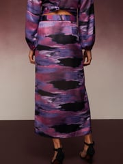 Purple Tie Dye Print Satin Wrap Midi Skirt - Image 2 of 4