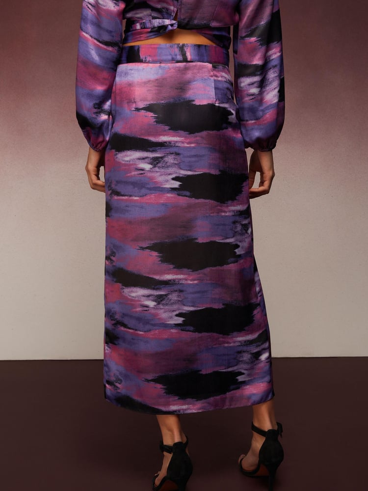 Purple Tie Dye Print Satin Wrap Midi Skirt - Image 2 of 4 Purple Tie Dye Print Satin Wrap Midi Skirt - Image 2 of 4