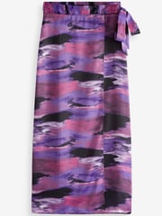 Purple Tie Dye Print Satin Wrap Midi Skirt - Image 4 of 4