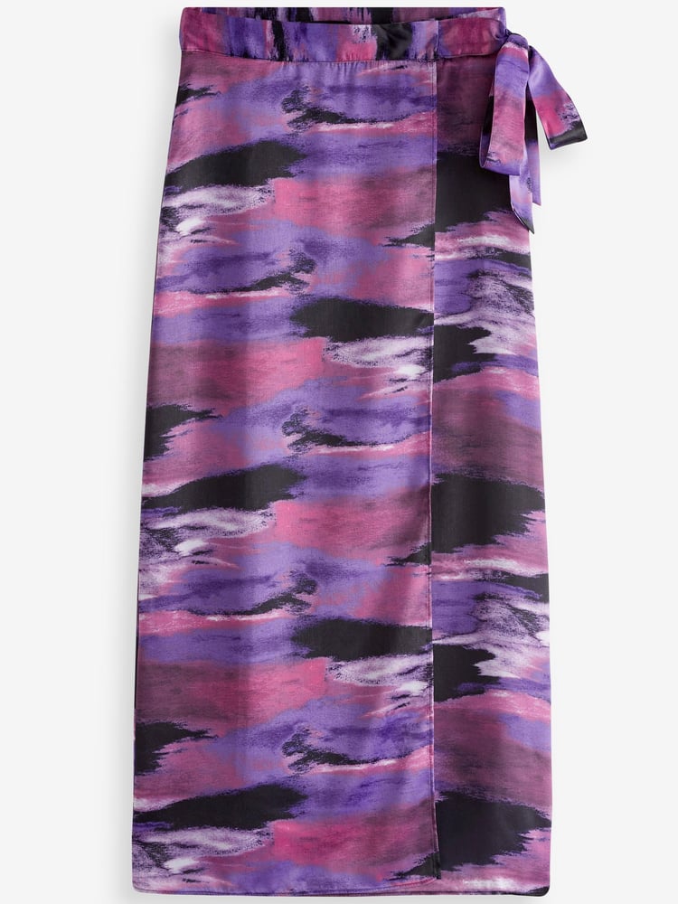 Purple Tie Dye Print Satin Wrap Midi Skirt - Image 4 of 4 Purple Tie Dye Print Satin Wrap Midi Skirt - Image 4 of 4