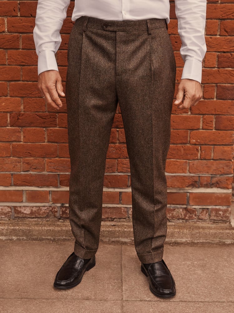Taupe Slim Fit Signature Moons British Fabric Textured Suit Trousers - Image 1 of 9