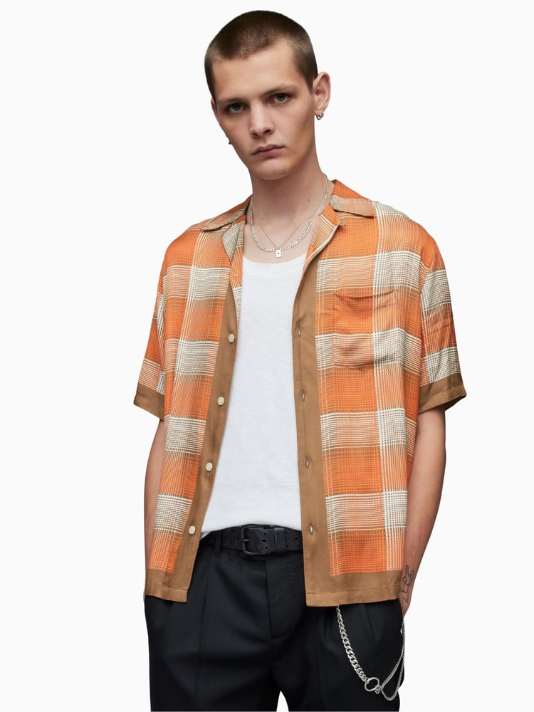AllSaints Orange Suburus Short Sleeve Shirt - Image 1 of 6 AllSaints Orange Suburus Short Sleeve Shirt - Image 1 of 6