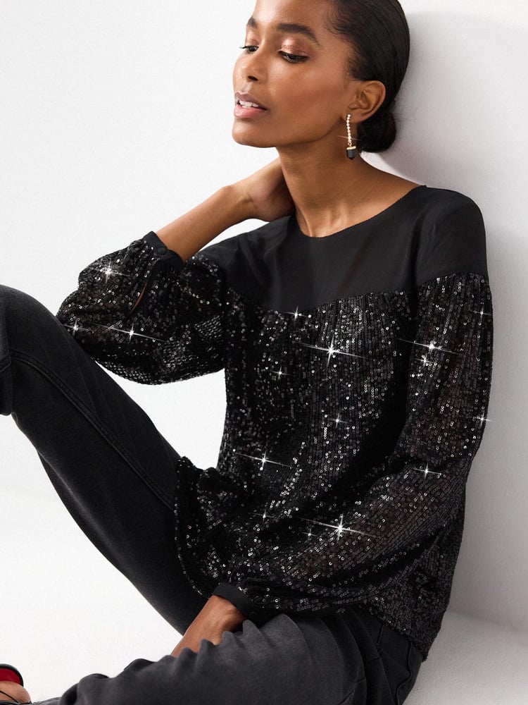 Black Long Sleeve Sequin Sparkle Top - Image 1 of 6