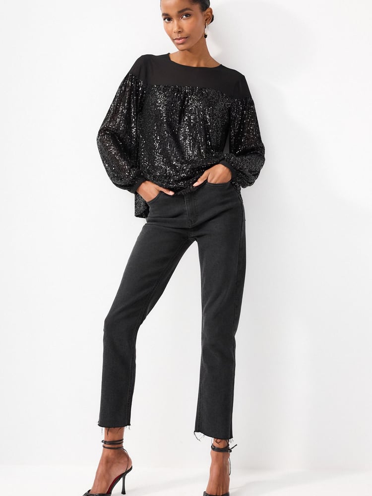 Black Long Sleeve Sequin Sparkle Top - Image 2 of 6