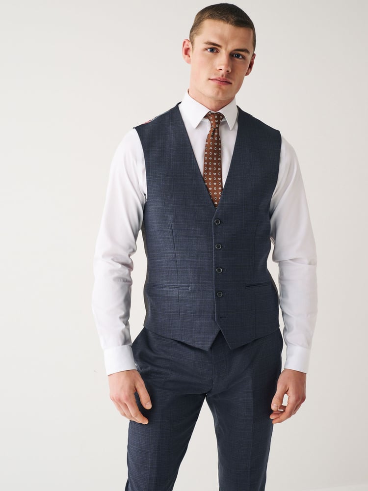 Navy Blue Check Suit Waistcoat - Image 1 of 12