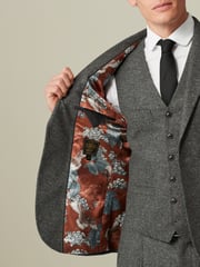 Grey Slim Fit Nova Fides Italian Fabric Herringbone Textured Wool Blend Suit Jacket - Image 5 of 11
