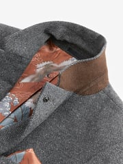Grey Slim Fit Nova Fides Italian Fabric Herringbone Textured Wool Blend Suit Jacket - Image 8 of 11
