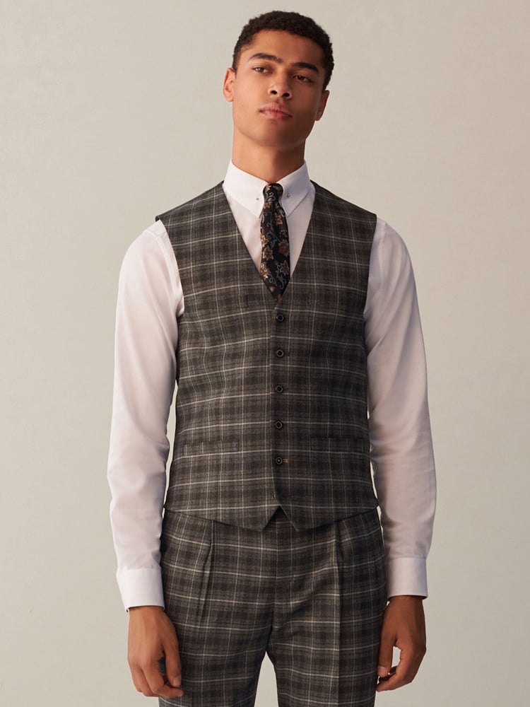 Grey Slim Fit Trimmed Check Suit: Waistcoat - Image 1 of 9 Grey Slim Fit Trimmed Check Suit: Waistcoat - Image 1 of 9
