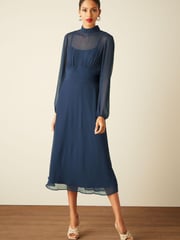 Navy Blue Long Sleeve High Neck Sheer Layer Midi Dress - Image 1 of 4