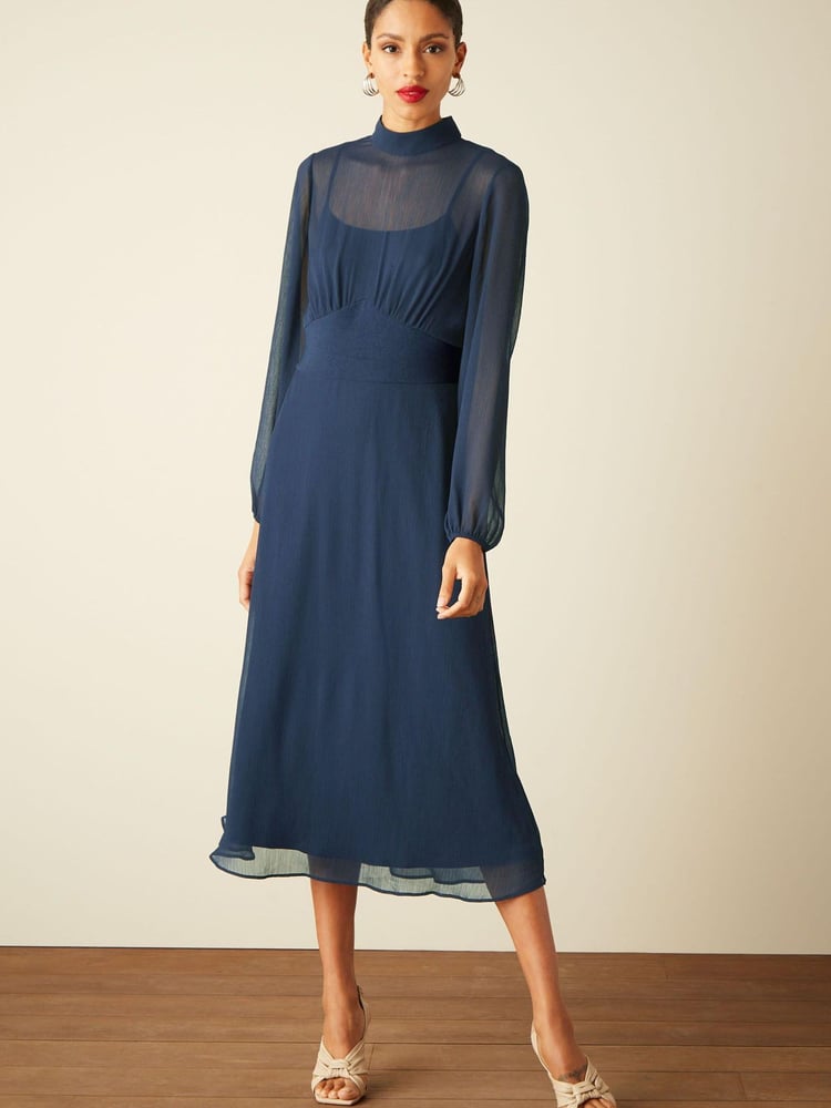Navy Blue Long Sleeve High Neck Sheer Layer Midi Dress - Image 1 of 4