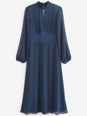 Navy Blue Long Sleeve High Neck Sheer Layer Midi Dress - Image 2 of 4