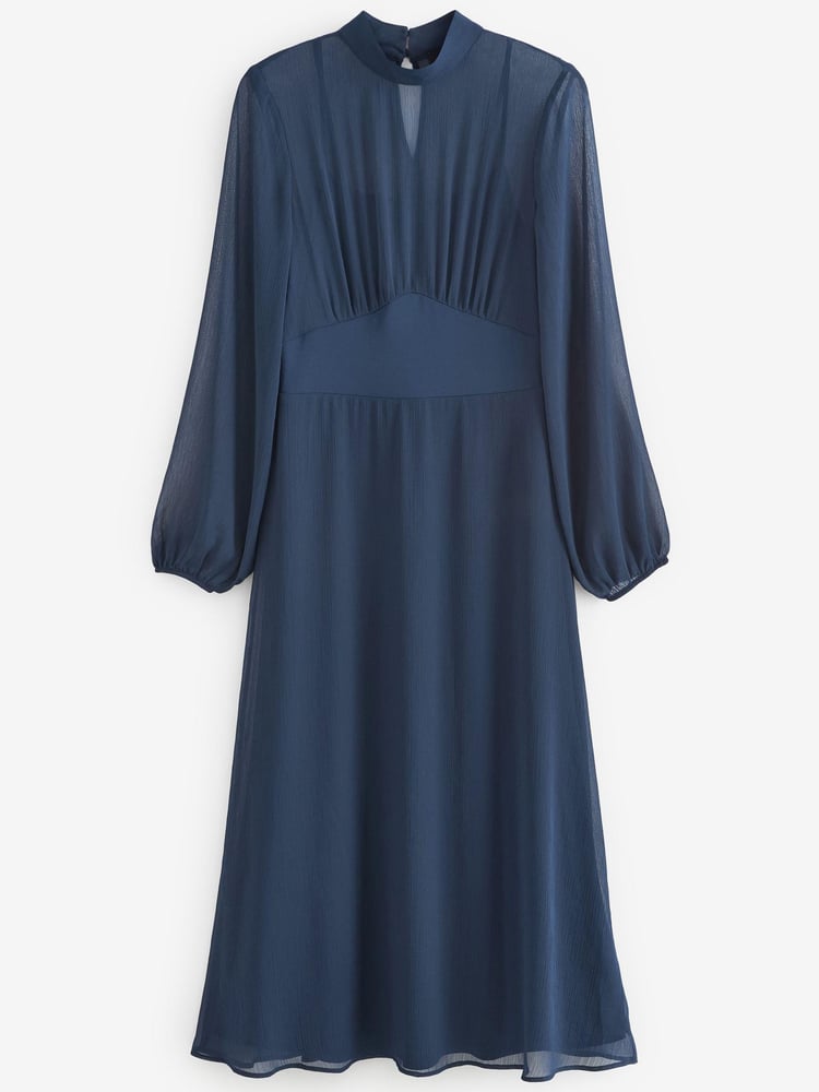 Navy Blue Long Sleeve High Neck Sheer Layer Midi Dress - Image 2 of 4