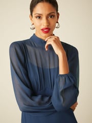 Navy Blue Long Sleeve High Neck Sheer Layer Midi Dress - Image 3 of 4