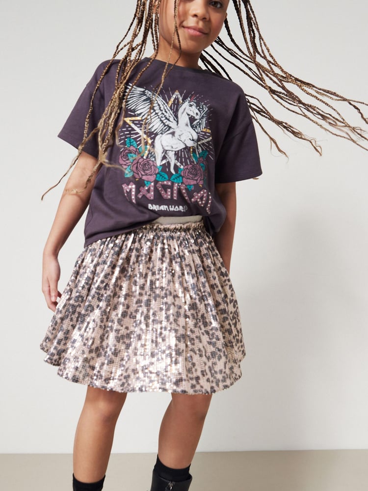 Neutral Pink/Black Animal Print Sequin Skirt (3-16yrs) - Image 1 of 6 Neutral Pink/Black Animal Print Sequin Skirt (3-16yrs) - Image 1 of 6