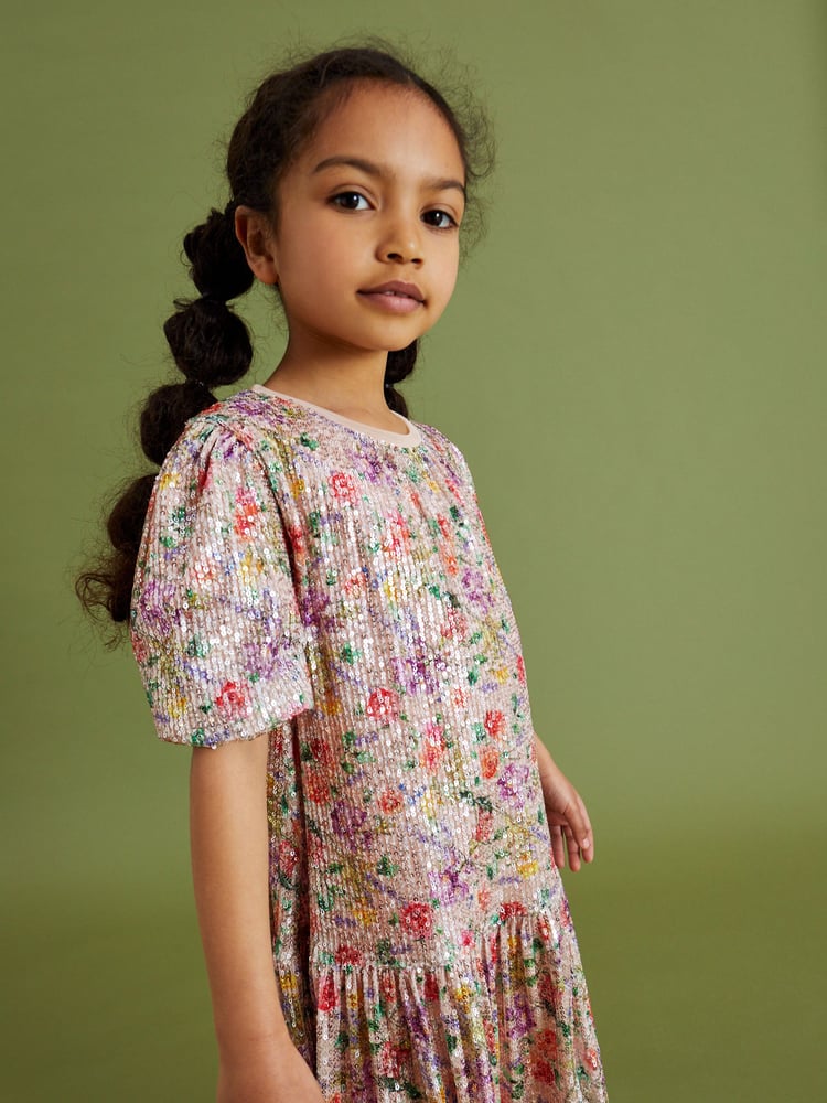 Pink/Purple/Orange Floral Print Sequin Occasion Party Dress (3-16yrs) - Image 1 of 7 Pink/Purple/Orange Floral Print Sequin Occasion Party Dress (3-16yrs) - Image 1 of 7