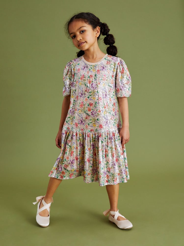 Pink/Purple/Orange Floral Print Sequin Occasion Party Dress (3-16yrs) - Image 2 of 7 Pink/Purple/Orange Floral Print Sequin Occasion Party Dress (3-16yrs) - Image 2 of 7