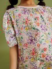 Pink/Purple/Orange Floral Print Sequin Occasion Party Dress (3-16yrs) - Image 5 of 7