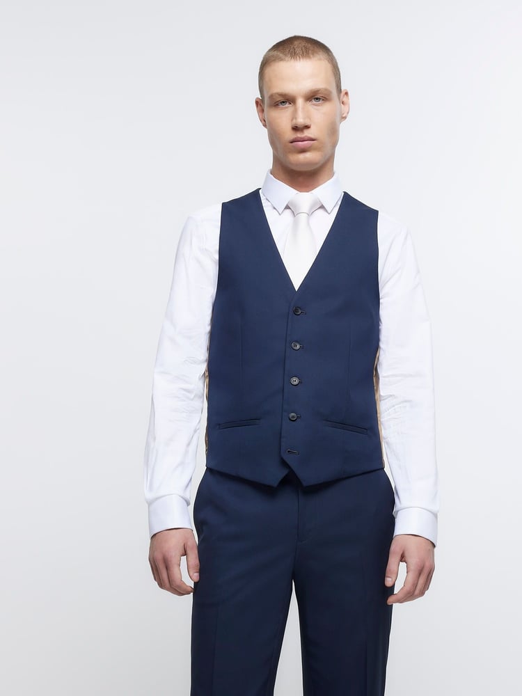 River Island Navy Blue Skinny Fit Twill 100% Cotton Waistcoat - Image 1 of 4