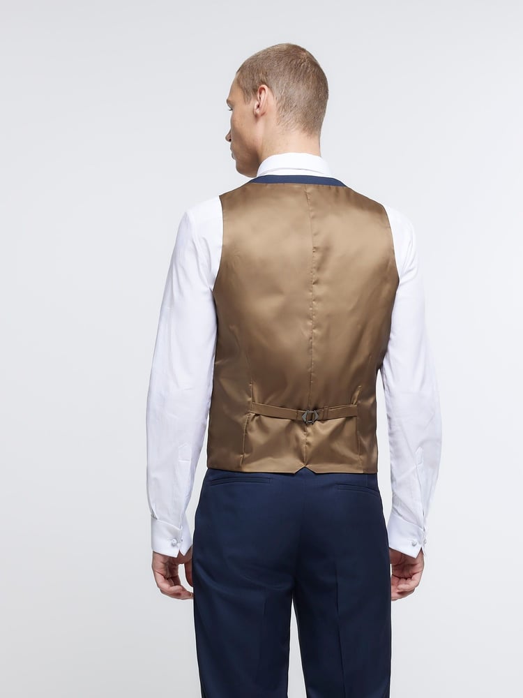 River Island Navy Blue Skinny Fit Twill 100% Cotton Waistcoat - Image 2 of 4