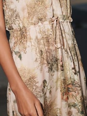 Neutral Floral Metallic V-Neck Maxi Chiffon Dress - Image 3 of 5