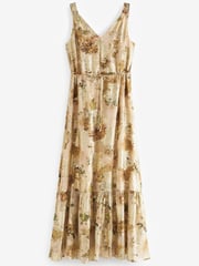 Neutral Floral Metallic V-Neck Maxi Chiffon Dress - Image 4 of 5