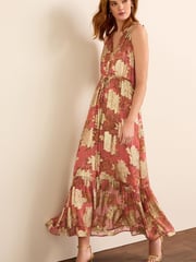 Coral Pink Metallic V-Neck Maxi Chiffon Dress - Image 1 of 6
