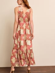 Coral Pink Metallic V-Neck Maxi Chiffon Dress - Image 3 of 6