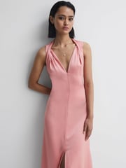 Reiss Coral Lila Bridesmaid Twist Detail Midi Dress - Image 1 of 5