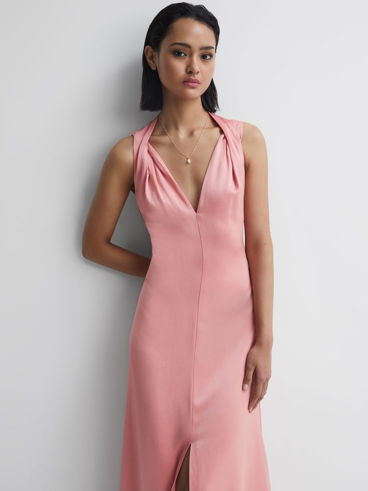 Reiss Coral Lila Bridesmaid Twist Detail Midi Dress - Image 1 of 5