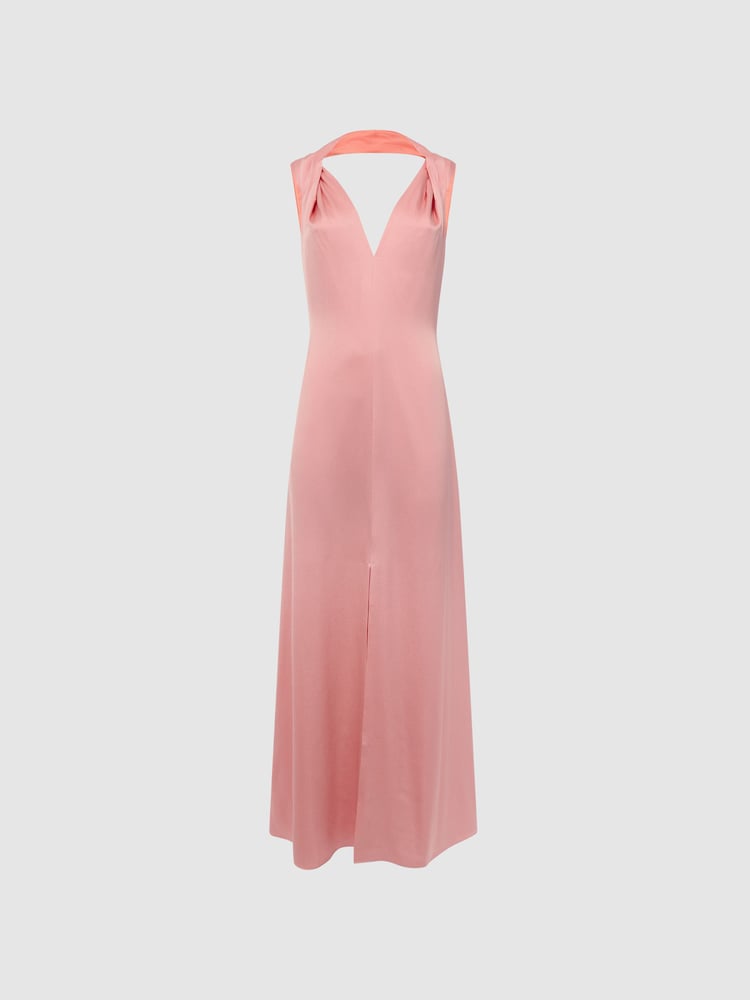 Reiss Coral Lila Bridesmaid Twist Detail Midi Dress - Image 2 of 5