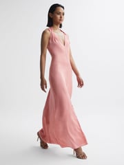 Reiss Coral Lila Bridesmaid Twist Detail Midi Dress - Image 3 of 5