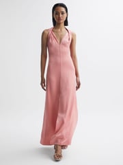 Reiss Coral Lila Bridesmaid Twist Detail Midi Dress - Image 4 of 5