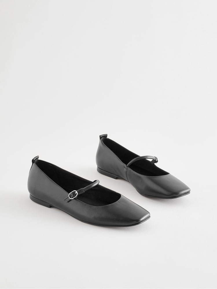 Black Signature Leather Mary Jane Flat Shoes - Image 2 of 6
