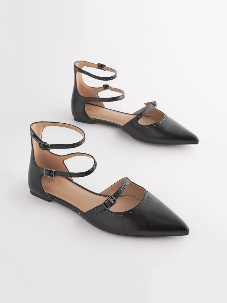 Black Forever Comfort® Point Toe Studded Strap Flat Shoes - Image 1 of 5