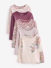 Pink Floral Ribbed Long Sleeve Tops 5 Pack (3mths-7yrs) - Image 1 of 2